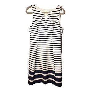 Liz Claiborne Pleated Blue White Striped Sleeveless Dress Keyhole Chest Size 10